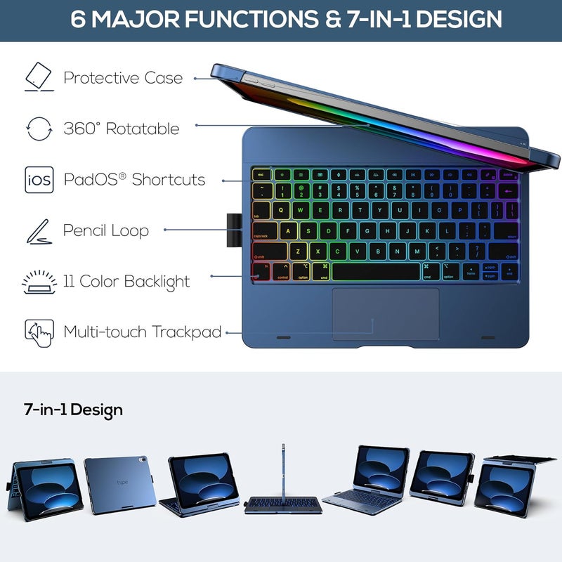typecase Touch iPad 11th 10th Generation Case with Keyboard (11" 2025, A16 & 10.9" 2022) – 360° Rotatable, 11-Color Backlit, Multi-Touch Trackpad, Pencil Holder, Thin & Light – Midnight Blue - Image 4